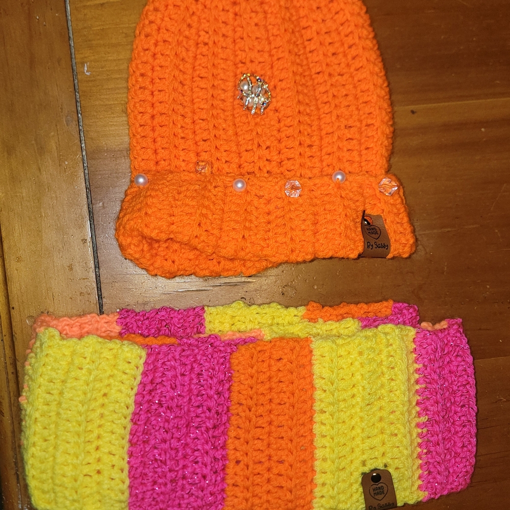 Bright Orange and Multicolor Knit Hat and Scarf Set